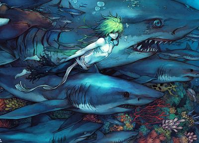 sharks, green hair, artwork, boys, underwater - desktop wallpaper