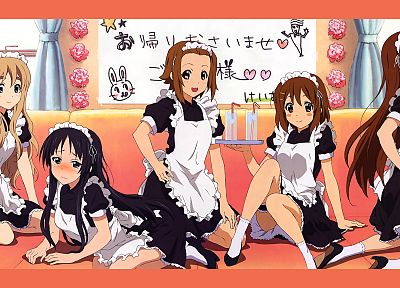K-ON!, maids, Hirasawa Yui, Akiyama Mio, Tainaka Ritsu, Kotobuki Tsumugi, blush, Cafe - random desktop wallpaper