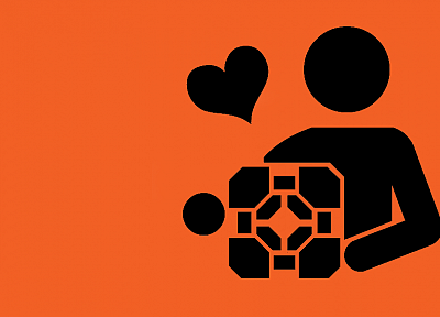 Portal, cubes, hearts, stick figures, simple background - desktop wallpaper