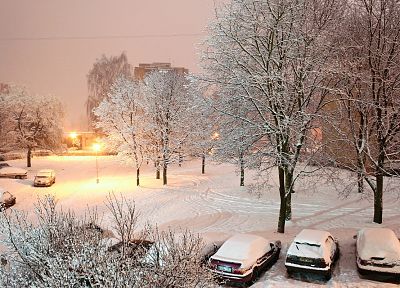 winter, snow, night, cars - desktop wallpaper