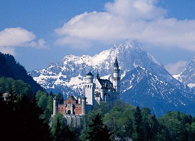 mountains, snow, castles, trees, Neuschwanstein Castle - random desktop wallpaper