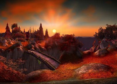 sunset, autumn, World of Warcraft, bridges, fantasy art, Aszhara - random desktop wallpaper