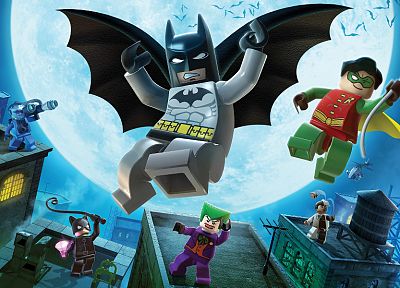 Batman, Robin, video games, The Joker, Catwoman, rooftops, Two-Face, bats, Mr. Freeze, Legos - related desktop wallpaper