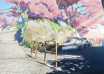 cherry blossoms, Makoto Shinkai, scenic, 5 Centimeters Per Second, police cars - random desktop wallpaper