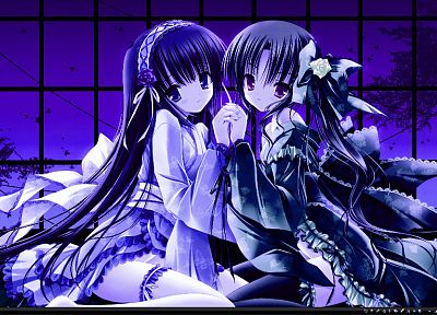 dress, ribbons, blue hair, tights, anime, purple eyes, holding hands, Tinkle Illustrations, anime girls - random desktop wallpaper