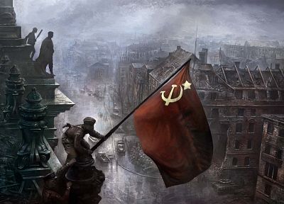 soldiers, flags, World War II, artwork, Soviet Russian flag, Reichstag - related desktop wallpaper