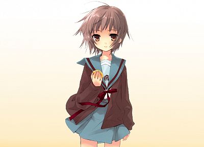 school uniforms, Nagato Yuki, The Melancholy of Haruhi Suzumiya, anime, simple background - random desktop wallpaper