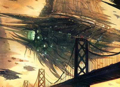 resistance, Invasion, futuristic, bridges, spaceships, artwork, vehicles - random desktop wallpaper
