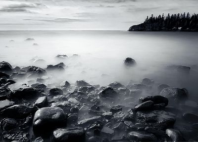 black and white, clouds, nature, long exposure, lakes, Lake Superior - duplicate desktop wallpaper
