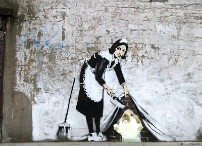 maids, Banksy, brooms, street art, brick wall - related desktop wallpaper
