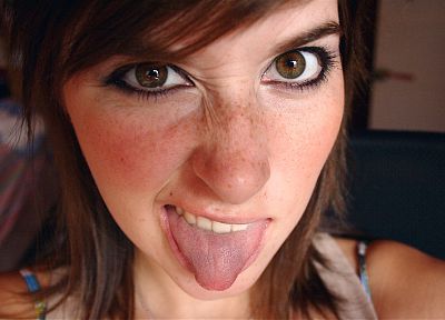 brunettes, women, brown eyes, freckles, tongue, portraits - related desktop wallpaper