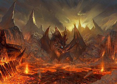 video games, mountains, wings, red, dragons, orange, lava, fantasy art, artwork, Lineage 2, Valakas - related desktop wallpaper