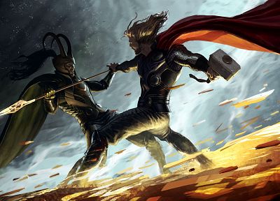 Thor, fight, hammer, artwork, Marvel Comics, spears, Loki, Mjolnir, sceptres - related desktop wallpaper
