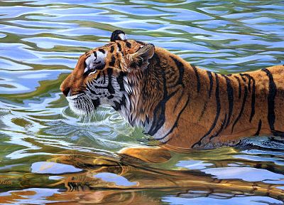water, animals, tigers, artwork - random desktop wallpaper