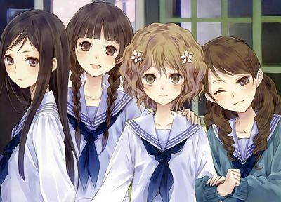 school uniforms, Hanasaku Iroha, Matsumae Ohana, Tsurugi Minko, Oshimizu Nako, Wakura Yuina - duplicate desktop wallpaper