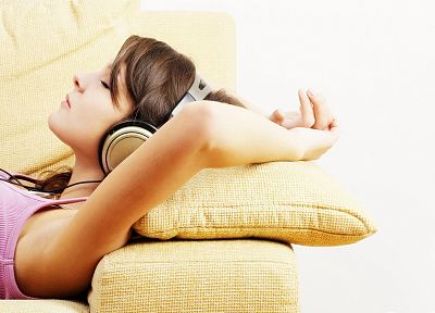 headphones, brunettes, women, lying down - desktop wallpaper