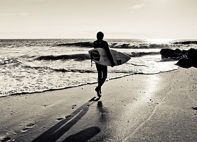 surfing, monochrome, surfers, beaches - desktop wallpaper