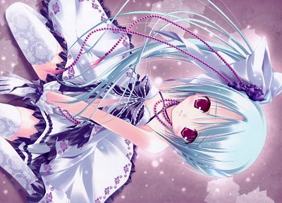 blue hair, red eyes, tights, pink eyes, white gloves, Tinkle Illustrations, anime girls - related desktop wallpaper