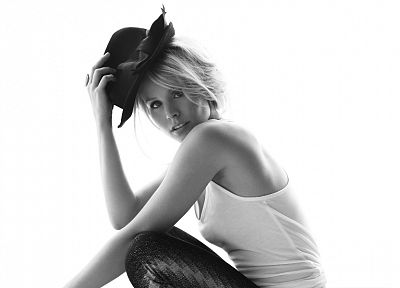 women, Kristen Bell, actress, monochrome, hats, greyscale - desktop wallpaper