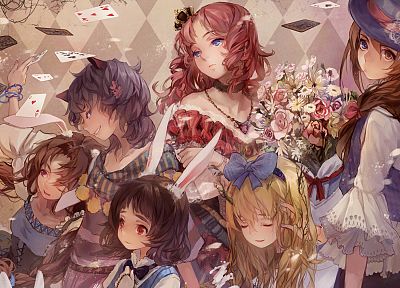 blondes, cards, dress, flowers, redheads, animal ears, bunny ears, soft shading, roses, anime girls - related desktop wallpaper