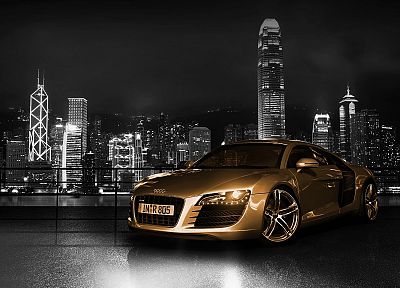 skylines, cars, Audi, Hong Kong, vehicles, selective coloring, Audi R8, German cars - related desktop wallpaper