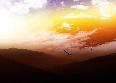 mountains, clouds, landscapes, Sun, birds, skyscapes - related desktop wallpaper