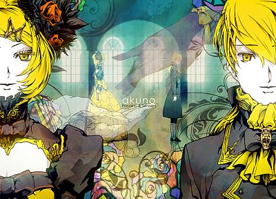 blondes, Vocaloid, dress, flowers, cleavage, twins, Kagamine Rin, Kagamine Len, short hair, yellow eyes, bows, medieval, anime boys, yellow dress, roses, anime girls, faces, siblings, stained glass, hair ornaments, Daughter Of Evil, hair pins, flower in h - random desktop wallpaper