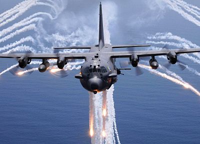 aircraft, AC-130 Spooky/Spectre, flares, contrails - random desktop wallpaper