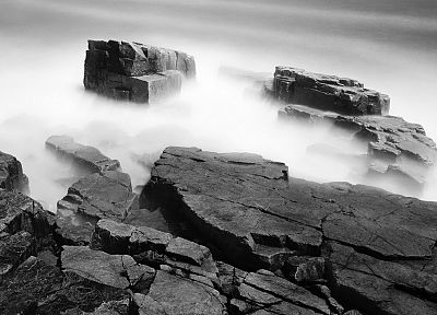 landscapes, rocks, fog, grayscale, monochrome - desktop wallpaper