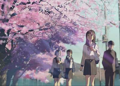 cherry blossoms, school, Makoto Shinkai, scenic, 5 Centimeters Per Second, artwork, anime - related desktop wallpaper