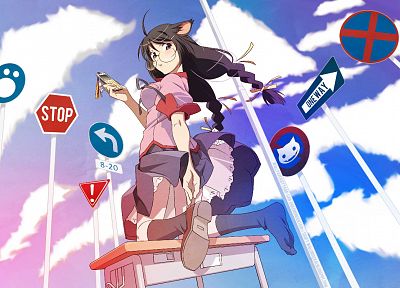 school uniforms, nekomimi, Bakemonogatari, animal ears, Hanekawa Tsubasa, meganekko, anime girls, looking back, knee socks - random desktop wallpaper