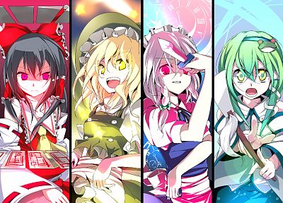 witch, Touhou, maids, Izayoi Sakuya, Miko, Kirisame Marisa, Hakurei Reimu, Kochiya Sanae, detached sleeves, Usotsukiya (Artist) - random desktop wallpaper