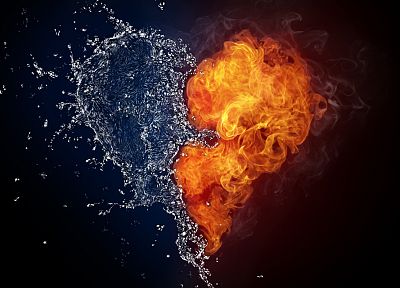 water, flames, fire, hearts, black background - desktop wallpaper