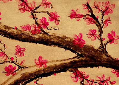 cherry blossoms, sumi-e - random desktop wallpaper