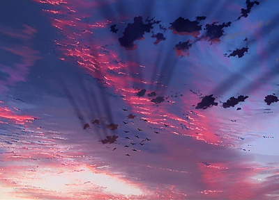 birds, illustrations, Makoto Shinkai, The Place Promised in Our Early Days, skyscapes, illuminated - desktop wallpaper