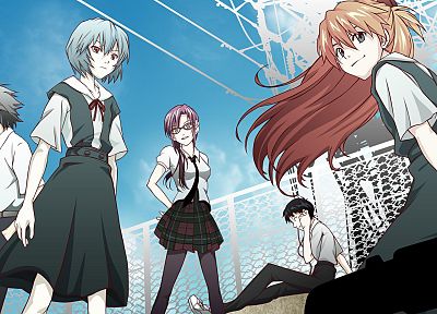 school uniforms, tie, skirts, glasses, Ayanami Rei, Neon Genesis Evangelion, Ikari Shinji, Asuka Langley Soryu, anime girls - random desktop wallpaper