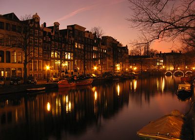 water, night, lights, architecture, houses, ships, Europe, Holland, Amsterdam, Dutch, vehicles, rivers, reflections, The Netherlands, cities - desktop wallpaper
