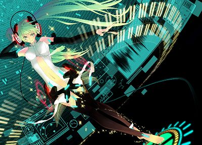 headphones, Vocaloid, gloves, Hatsune Miku, long hair, green eyes, barefoot, thigh highs, green hair, twintails, Miku Append, Vocaloid Append, detached sleeves - desktop wallpaper