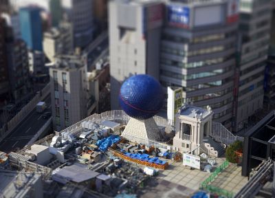 Japan, blue, cityscapes, balls, buildings, Osaka, tilt-shift - desktop wallpaper