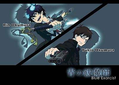 guns, anime, anime boys, Ao no Exorcist, Okumura Rin, Okumura Yukio, swords - desktop wallpaper
