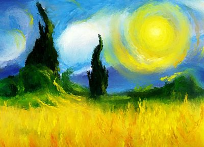 paintings, landscapes, Sun, trees, impressionist painting - related desktop wallpaper