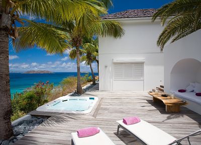 paradise, palm trees, swimming pools - desktop wallpaper