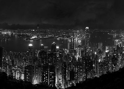 cityscapes, night, buildings, Hong Kong, grayscale - desktop wallpaper