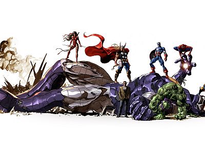 Hulk (comic character), comics, Thor, Spider-Man, Captain America, Wolverine, Elektra, sentinel, Marvel Comics, victory, white background - desktop wallpaper