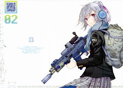 headphones, weapons, Fuyuno Haruaki, assault rifle, simple background, anime girls, ACR - random desktop wallpaper