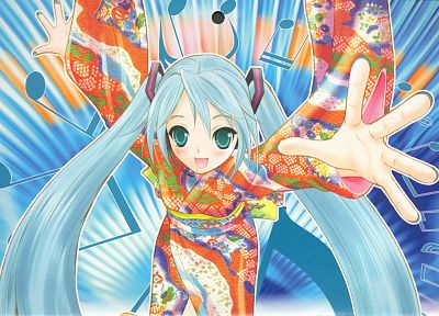 Vocaloid, Hatsune Miku, twintails, Japanese clothes - duplicate desktop wallpaper