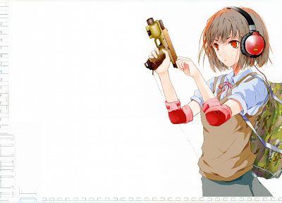 headphones, guns, school uniforms, Fuyuno Haruaki, simple background - random desktop wallpaper