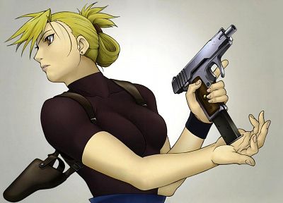 Fullmetal Alchemist, pistols, girls with guns, Riza Hawkeye, anime, simple background, anime girls - related desktop wallpaper