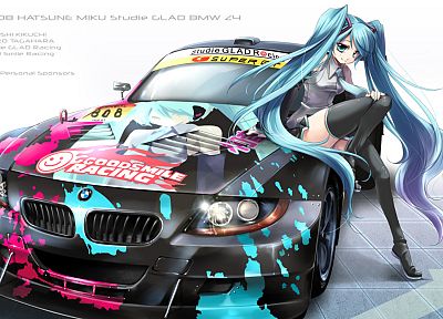 BMW, Vocaloid, Hatsune Miku, cars, tie, long hair, anime girls, detached sleeves - desktop wallpaper