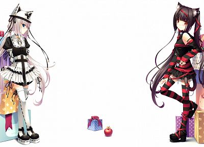 animal ears, thigh highs, Sayori Neko Works, simple background, anime girls, original characters, Chocolat (Sayori), Vanilla (Sayori), striped legwear - desktop wallpaper
